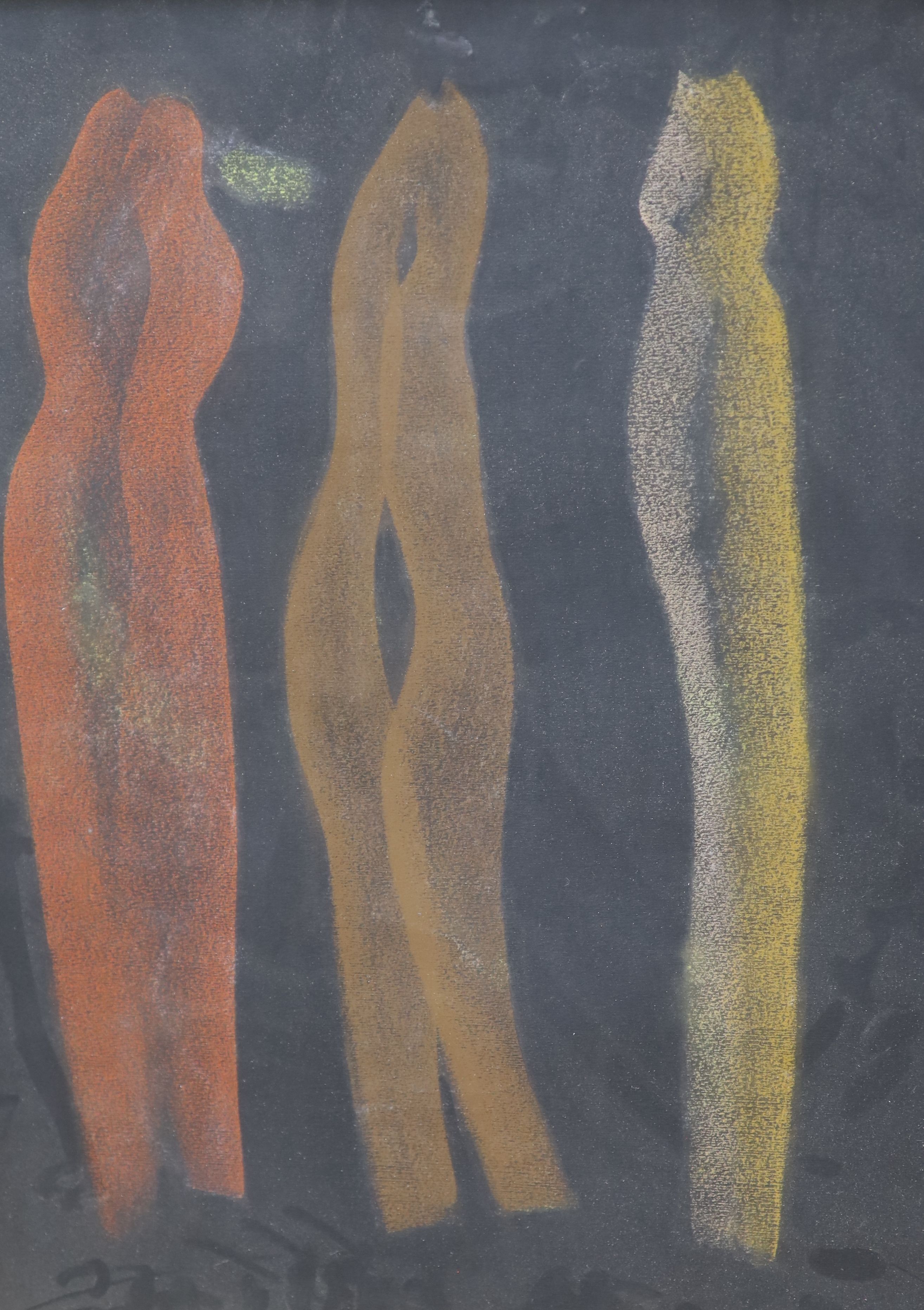 A mid mid 20th century trio of abstract compositions, pastel on paper, in pale oak frames, glazed, each measuring 49 x 64 cm (3)